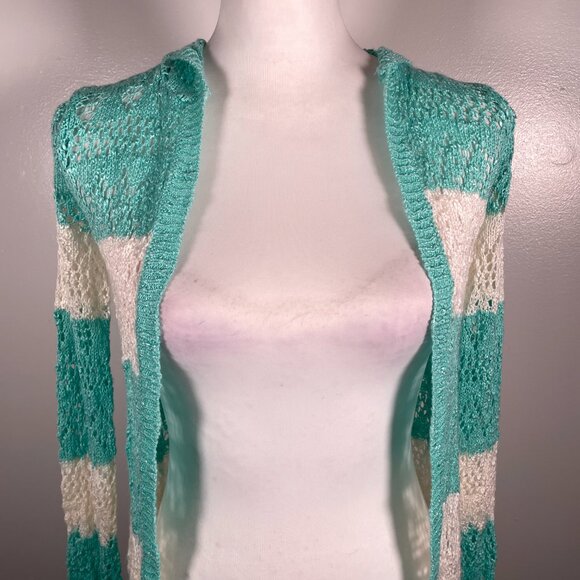 Heart N Crush Mint Green Ivory Hooded Open Weave 3/4 Sleeve Cardigan Sweater S - Picture 3 of 14